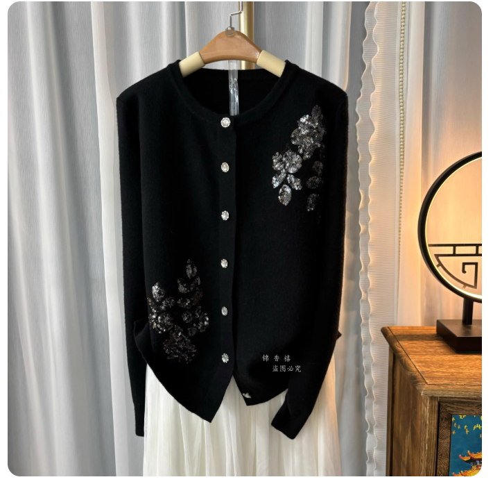 [D26 Heavy Industry Prosperity] European goods heavy sequin embroidery temperament slim knitted cardigan sweater jacket