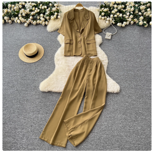 Casual suit for women 2025 summer mature style suit collar short sleeve loose top high waist wide leg suit pants suit