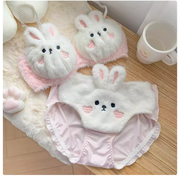 Soft bear plush underwear women's winter bunny warm Lolita pure desire style small chest gathered bra set