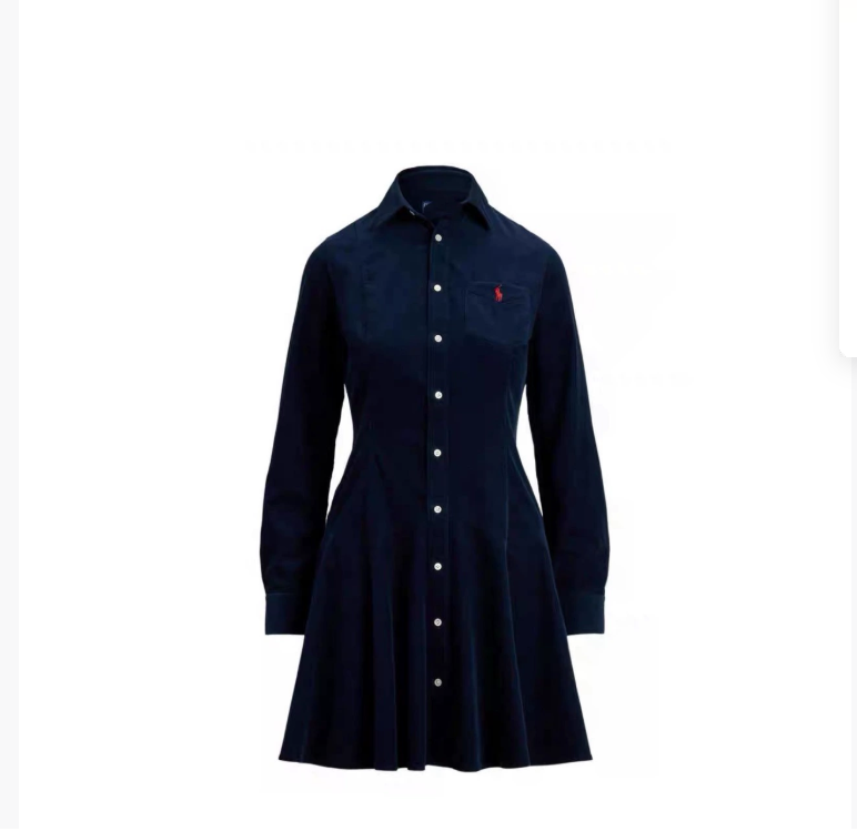 RL Ralph Corduroy Mini Shirt Dress: French Retro Style, Leather Waist Design, A-line Shirt Dress