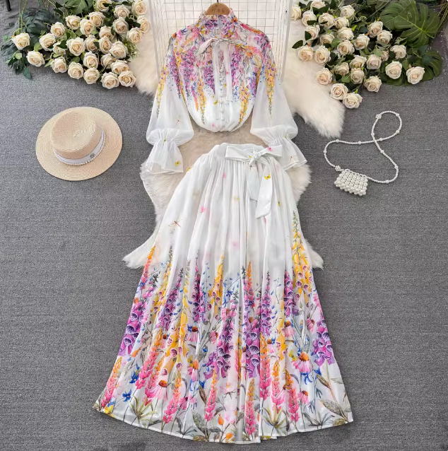 Spring and summer women's pleated printed blouse temperament top flower pleated skirt long skirt two-piece suit looks young