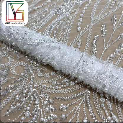 wedding dresses 3D Embroidered fabric White tulle bridal luxury embroidery beads sequins lace fabric for dress