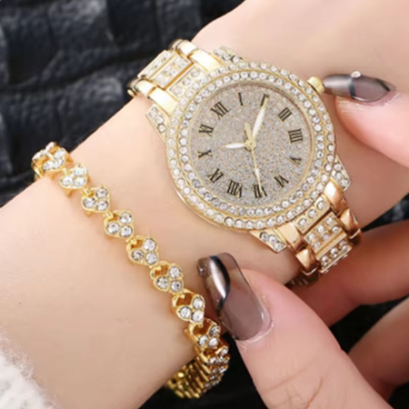 Luxury Full Crystal Diamond Watches Bracelet Set Men Women Fashion Gold Steel Belt Wrist Watch For Men Women