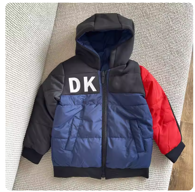 [Special Offer] Boys' Black, Dark Blue and Red Spliced Fabric Hooded Reversible Cotton-padded Jacket