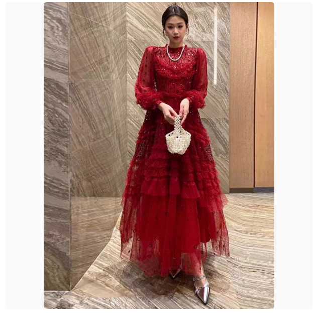 Banquet luxury annual meeting dress skirt 2024 spring and autumn women's long-sleeved mesh gauze heavy sequins fungus puffy dress