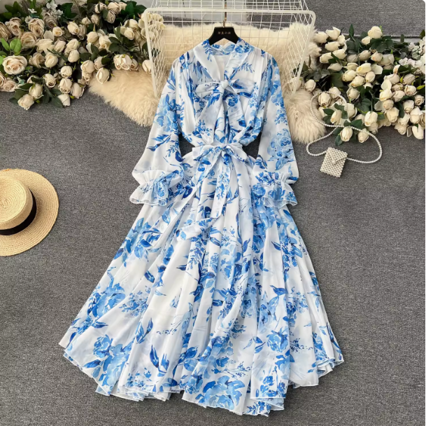 French elegant dress spring dress for women with bow tie collar slim fit long swing chiffon holiday dress