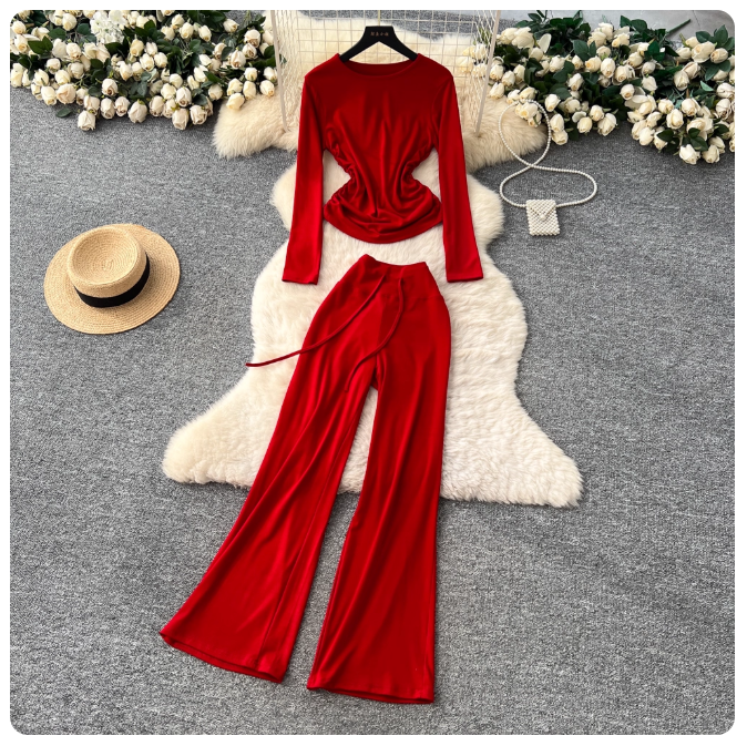 Women's casual sports suit autumn design pleated slim round neck long-sleeved top high waist wide leg mopping trousers