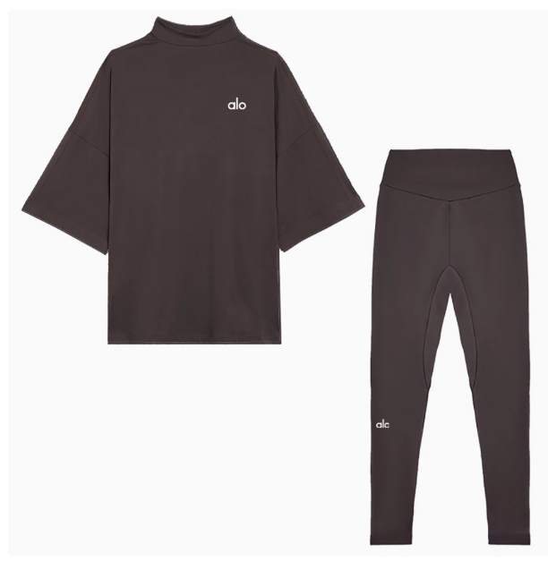 alo women's clothing | T-shirt new spring and autumn cover buttocks medium and long three-quarter sleeve loose T-shirt + leggings ladies suit