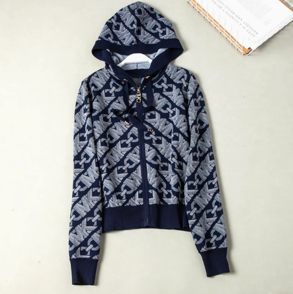 Autumn new arrivals, American single M series light luxury women's clothing, classic letter jacquard hooded sweater, zipper sweater jacket trendy