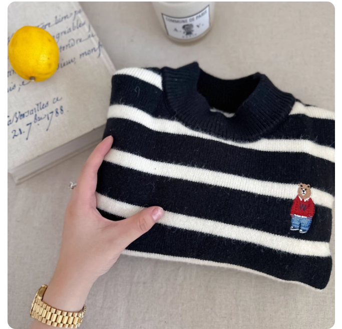 Warm children's plush mink sweater 24 autumn and winter boys' striped bear embroidered half-high collar sweater girls' knitted