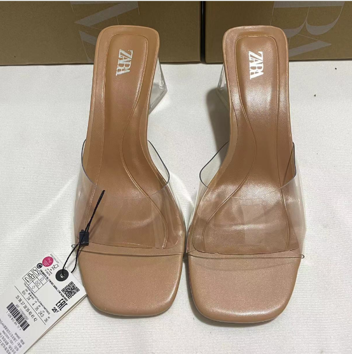 New 2024 women's shoes with square head PVC open toe glass heel open heel fashion shoes sandals for women