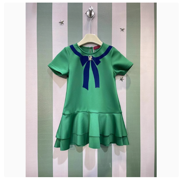 Spanish children's clothing design 2024 new girls dress sweet bow print short-sleeved summer dress