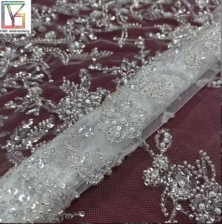 Wholesale Price Beaded Sequins Lace With Pearls Dress Fabric Evening Tulle Lace Beaded Fabric With Beads French Lace