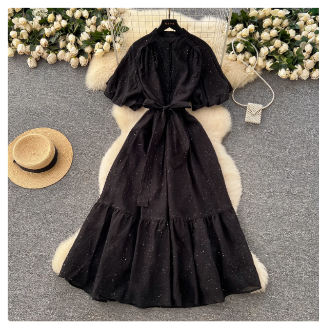 French fashion stand-up collar lantern sleeves tie waist dress for women slim temperament shiny ruffled long skirt