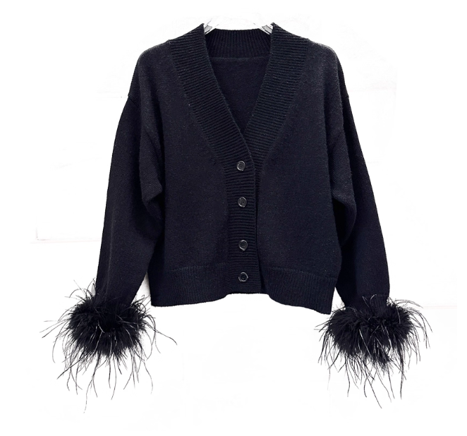 Miu style autumn/winter new V-neck long-sleeved sweater, 2024 new style ostrich feather black fashionable and versatile slimming knitted cardigan.