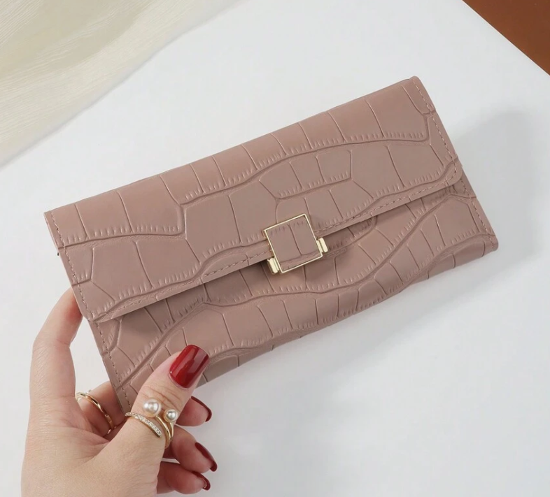 Crocodile Embossed Fold Over Long Wallet Women Fashion Modern Business Slim Portable