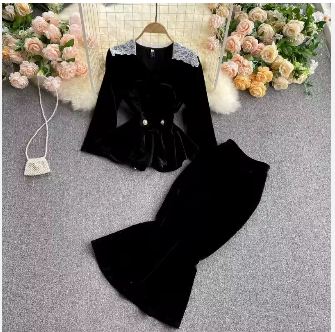 Autumn and Winter New Canary Set Suit Lace Splicing V-Neck Waist Suit Jacket + Fishtail Skirt Two-Piece Set