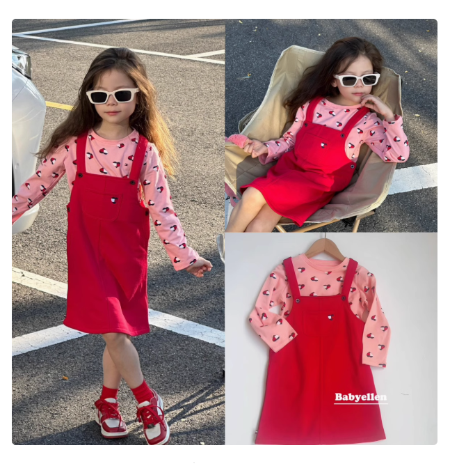 Free shipping! 3-12 years old tom** girl cotton base long-sleeved T-shirt with terry overalls skirt red suit