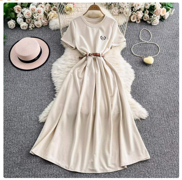 2025 summer new design embroidery round neck short sleeve knitted dress female waist slimming A-line mid-length skirt