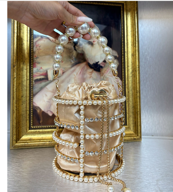 French-style openwork silk satin sparkling diamond-studded basket/banquet pearl bucket handbag/crossbody bag