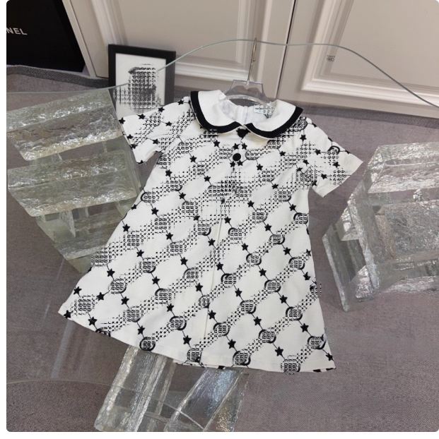 25 new summer high quality children's full print letter print cotton dress girl's stylish big brand style princess
