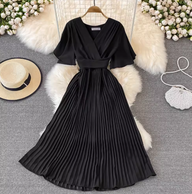 2024 Summer New V-neck short-sleeved dress over the knee slim temperament waist tie big swing pleated long skirt