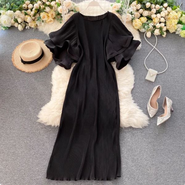 Ruffle Short Sleeve Loose Pleated Long Dress Women Summer Casual O-Neck Pleated Maxi Dress Boho Beach Dress Oversized Vestidos