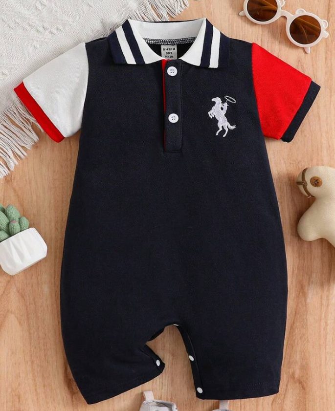 SHEIN Toddler Boys' Casual College Style Elegant Daily Wear Embroidered Jumpsuit With Turn-Down Collar, Suitable For Spring And Summer Outings