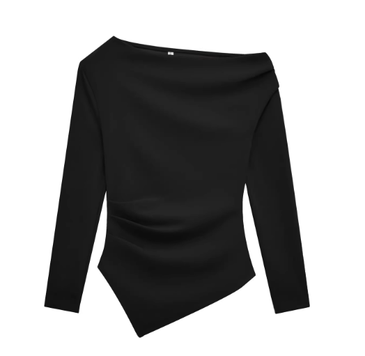 ZR European and American style ZA women's new asymmetrical stretchy simple versatile long-sleeved short top 3644328