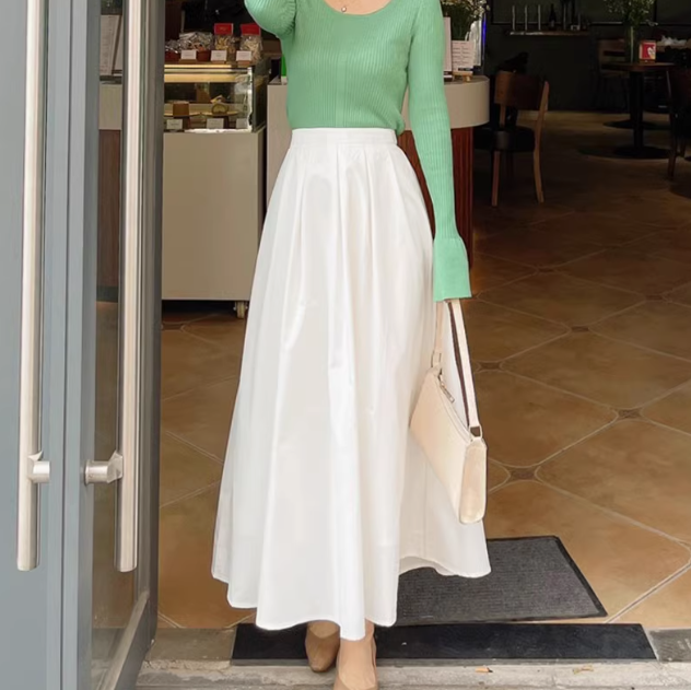 Khaki skirt for women Spring and autumn design mid-length high waist slim French retro elastic waist A-line umbrella skirt