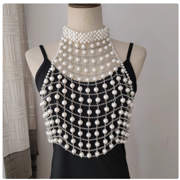 European and American sexy beach body chain pearl beaded jewelry bikini dance chest chain hollow body chain