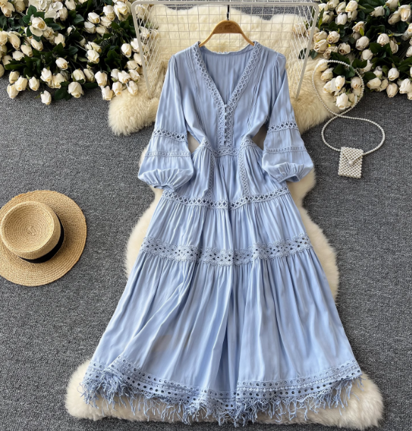 Gentle style temperament dress 2024 summer new style heavy hollow lace splicing V-neck waist tassel long skirt