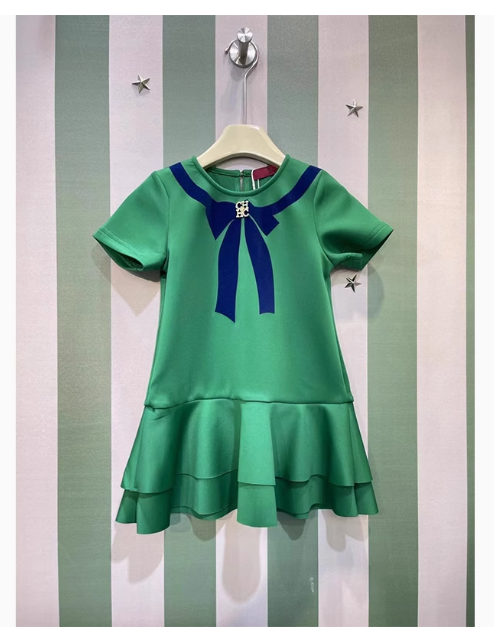 Spanish children's clothing design 2024 new girls dress sweet bow print short-sleeved summer dress