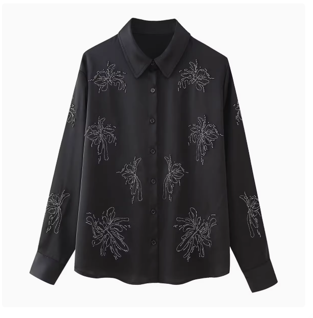 KASLEAD New Women's European and American Style Fashion Beaded Embroidered Shirt Casual Pants Set