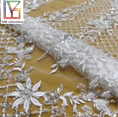 luxury french beads sequins fabric bridal white embroidery pearl lace weddings tulle dress beaded lace sequin fabric