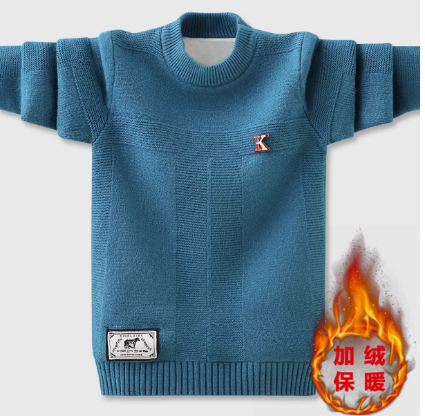 Boys knitted sweater for middle and large children with embroidered logo pullover 2024 autumn and winter new style children's plus velvet warm bottoming shirt