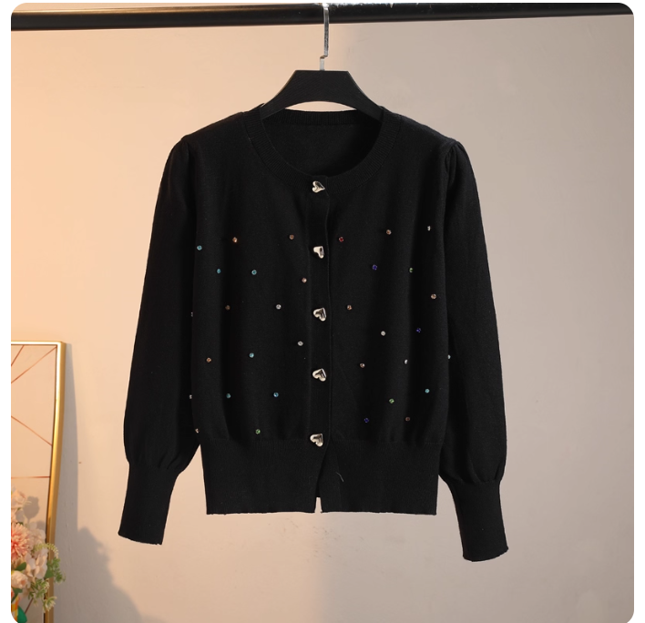 2025 Korean version of heavy-duty heart buckle colorful three-dimensional small diamond beads knitted cardigan autumn and winter round neck quality sweater for women