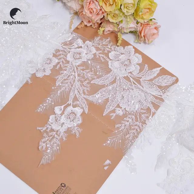 Wholesale high quality french bridal veil white flower embroidered lace trim with tulle net crystal sequins embroidery