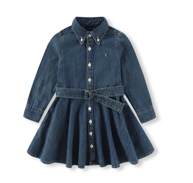 RL017 Girls' Pure Cotton Long-Sleeved Colorful Horse Denim Dress Classic Long Dress Runs Small
