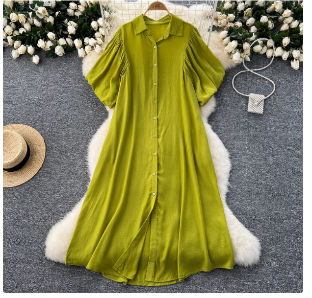 Slightly fat and thin dress for women in summer with lantern sleeves, single-breasted, loose A-line, casual and fashionable shirt dress