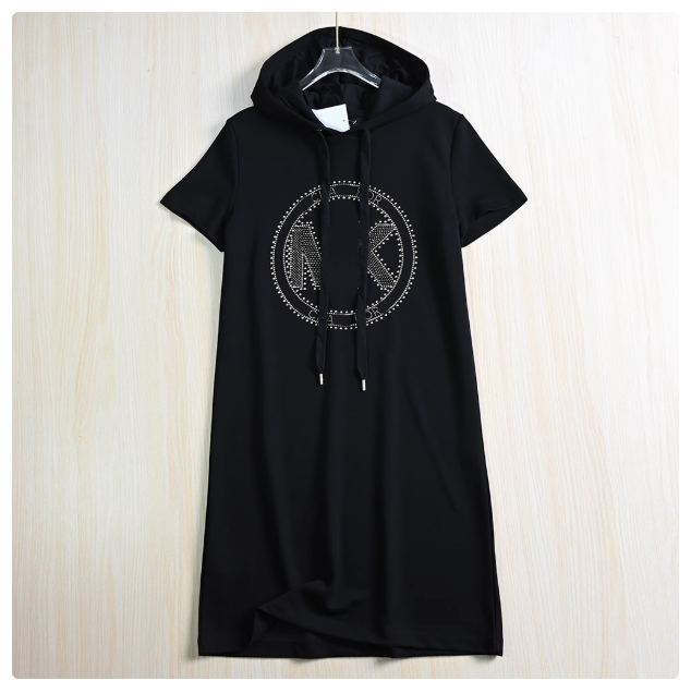 Siqi Women's Clothing 254/21 American M Series Hot Diamond Circle Letter Hooded Casual Straight Short Sleeve Knitted Dress
