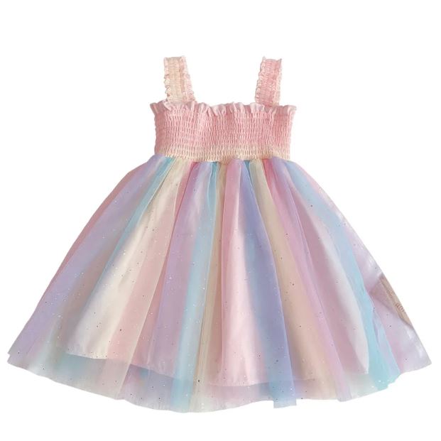 New New Summer Dress For Girls Rainbow Color Princess Dresses For Girl Summer Kids Mesh Dress Cute Style Children Clothing 3-7