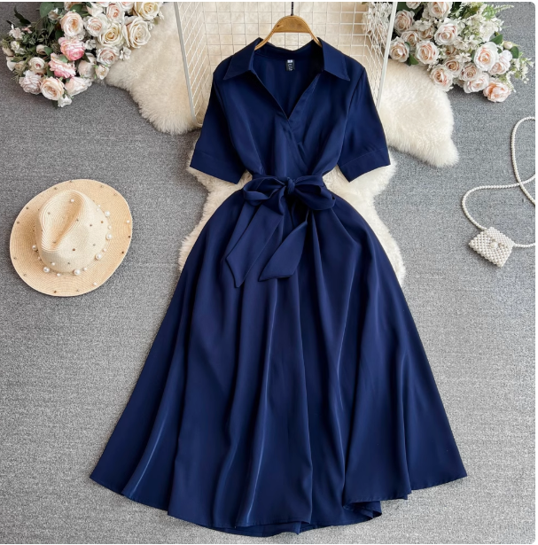 Summer French Hepburn style celebrity temperament short-sleeved V-neck waist slimming A-line dress elegant long skirt