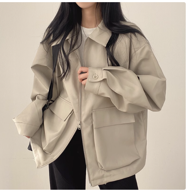 Korean chic retro lapel large pocket zipper cardigan jacket loose casual long-sleeved leather short coat for women