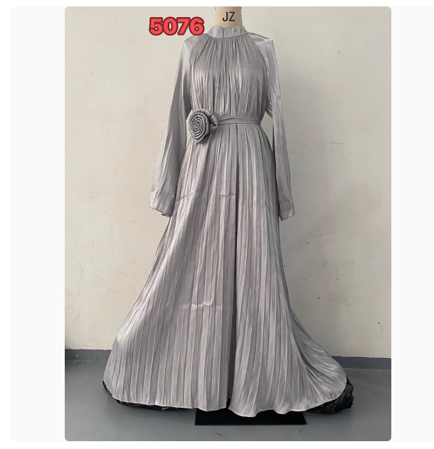 2024 Spring New European and American Amazon Printed Pleated Oblique Shoulder Temperament Floor-Mounting Long Skirt Dress