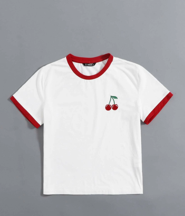 SHEIN EZwear Embroidery Cherry Ringer Tee