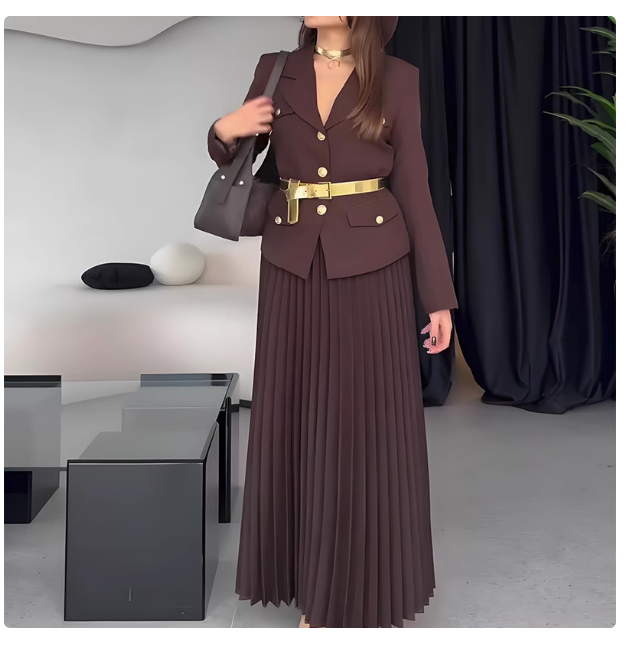 European and American temperament lapel suit jacket pleated suit skirt Casual jacket and skirt set