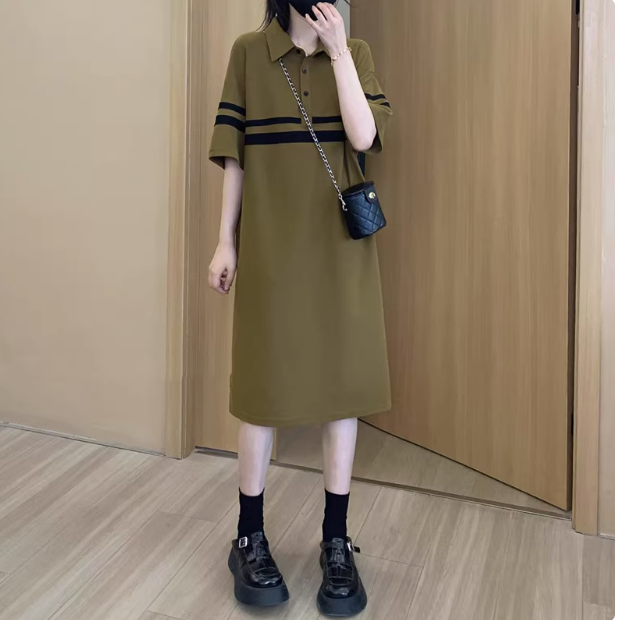 Large size polo collar casual dress female 2025 new fat girl slimming age-reducing loose meat-covering A-line skirt summer