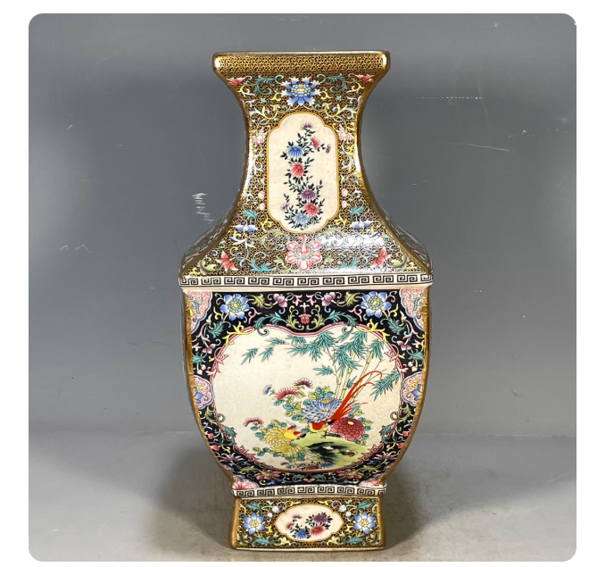 Large porcelain collectibles and miscellaneous antiques, Qianlong-era enameled square vase with floral and bird designs.