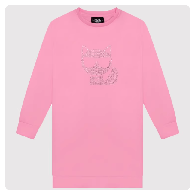 KARL family style, pink and tender sticky beaded cat pattern round neck drop shoulder long sweater dress